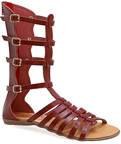 Emmanuela Sandali in pelle Gladiatore fatti a mano Antica Grecia, Sandali alti in vitello con cerniera sullo stinco, cinghia scarpe estive piatte per le donne, rosso, 41 EU