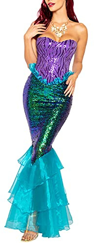 DELIMALI Women's Mermaid Ladies Ruffle Sequin Fairytale Book Fancy Long Tail Dress Womens Adults Costume Outfit