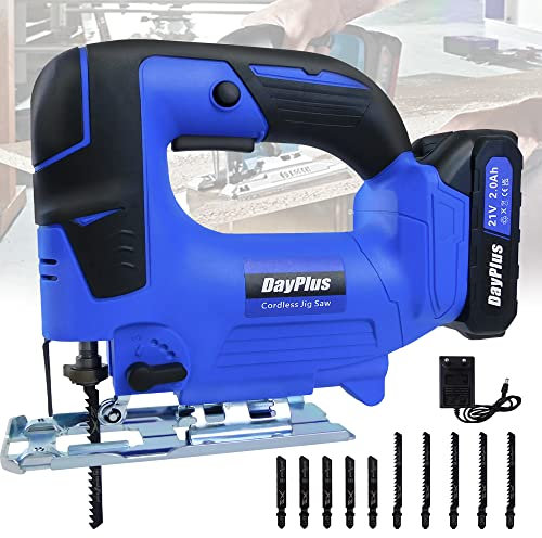 Electric Jigsaw Cordless Jig Saw for Wood, Soft Metal, Tile and Plastic Cuts, Battery Operated, 2600SPM, 26mm Stroke Length, 10Pcs Blades, Angled Cut ± 45 °, Tool-Free Blade Change and Charger