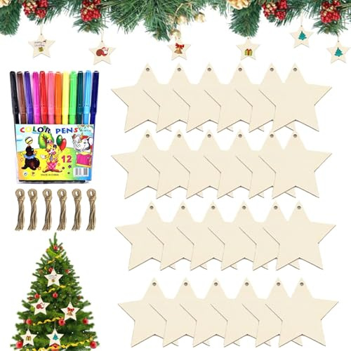 Leonshco Basteln Weihnachten, 30 Stück Holzanhänger Weihnachten, Baumschmuck Weihnachtsbasteln, Weihnachtsanhänger Bastelset Weihnachten für Weihnachten mit 12 Aquarellstift, 30 Stück Seil