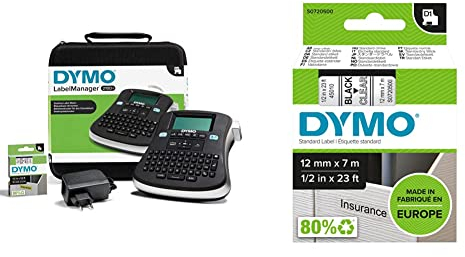 DYMO LabelManager 210D Beschriftungsgerät im Koffer | Etikettiergerät mit QWERTZ Tastatur & großem Grafikdisplay & Original D1-Etikettenband | schwarz auf transparent | 12 mm x 7 m