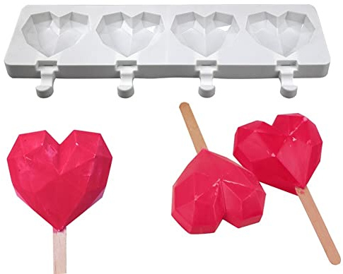Diamant-Herz Eiscreme Silikonform, Eis am stiel Silikonform weich und glatt Wiederverwendbar Eisformen Kinder DIY Eis am Stiel BPA Frei Popsicle Formen Antihaftend Eisformen für Ice Lolly Eis Bonbons