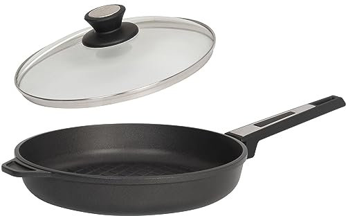 SKK große 2-tlg. Grill-Pfanne Ø 28 cm - Induktion - flache runde Bratpfanne mit BBQ Muster & Glasdeckel mit Edelstahlrand - Made in Germany