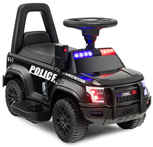 COSTWAY 6V Coche Electrico de Policía para Niños, Coche Batería para Niños con Megáfono Lateral, Bocina, Luz de Alarma y Sonido de Sirena, Reposapiés Ancho, Vehículo para 18-60 Meses (Negro)