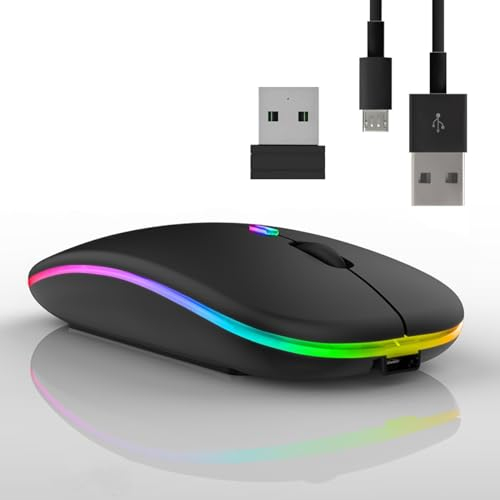 Vinmooog Souris sans Fil Rechargeable Souris Bluetooth Ergonomique,Souris Gamer Ordinateur 3DPI silencieuse rétroéclairée de 7Couleurs avec récepteur USB 2,4 GHz (Noir)