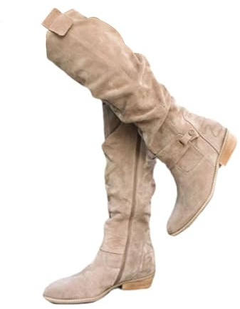 tinetill Bottes Hautes Femme Tige Longue Bottes Western en Daim Bottes Au Dessus du Genou Bottes Longues D'hiver Chaudes Bottes de Chevalier Vintage à Talon Bas Fermeture éclair Chaussures