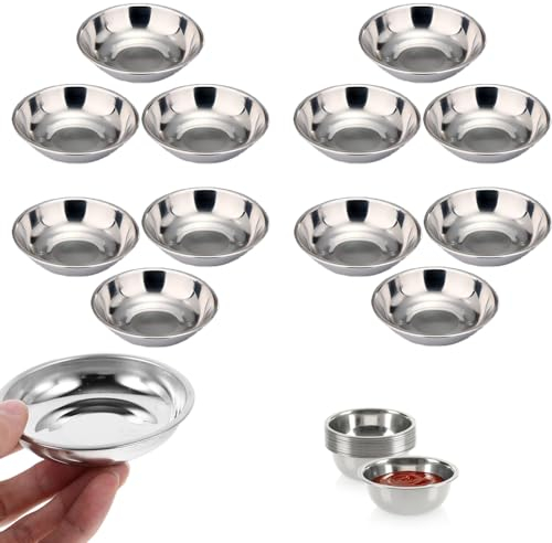 RHQFDM 12 Pezzi Piccole Ciotole in Metallo Sono inossidabili Ciotola per Sushi Mini Ciotole per Immersione Ciotole per Immersione Piatto in Acciaio Inox 8CM Mini Piatto Snack Ciotole in Acciaio Inox