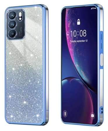BEEJTUNY Custodia per Oppo Reno 6 5G / Reno6 5G, Cover Protettiva Trasparente con Glitter Sfumati, Guscio Paraurti Morbido e Bello, Elegante Cover Antiurto. Blu