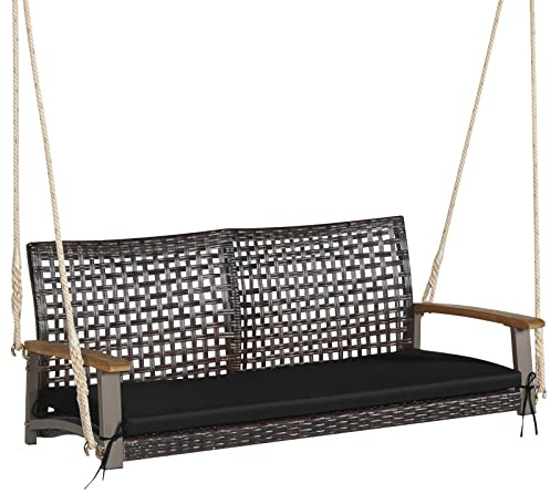 GYMAX Hängeschaukelbank 2-Sitzer, Schaukelbank mit Kissen & Armlehnen aus Akazienholz, Gartenschaukel bis 360 kg belastbar, Hollywoodschaukel für Garten & Veranda (Schwarz)