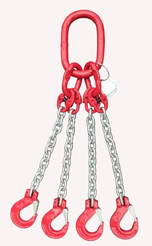 Anschlagkette 4-Strang 8mm nach EN 818-4 hochfest und geprüft Tragfähigkeit:4,25t Beschlagteile nach EN 1677-2 Kettengehänge Krankette Länge:1m verzinkte Kette Lasthaken mit Sicherung