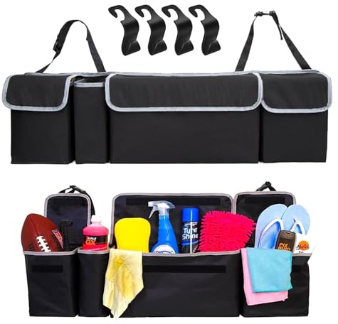 Auto Kofferraum Organizer, Auto Tasche Kofferraum Faltbar und Wasserdicht, Auto Kofferraum Organizer Zum Hängen mit Klett Kofferraum, Autotasche Kofferraumtasche mit 4 Taschen Geeignet füR SUV,MPV usw