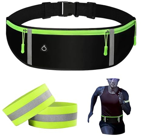Running Belt with Adjustable Elastic Strap, Sweatproof Waist Pack with 2 Pair Reflective Strip, Large Capacity Running Bag with Reflective Arm Band for Running, Cycling, Outdoor Activities