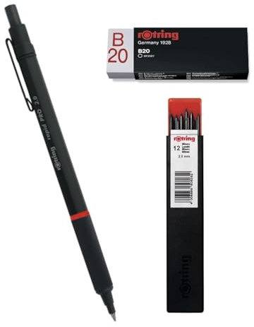 rOtring Rapid Pro Druckbleistift | HB 2,0 mm Minen-Druckbleistift | Mattschwarzer Vollmetallschaft | Set Tikky Druckbleistiftminen | 2,0 mm | 12 Stück | Radiergummi B20