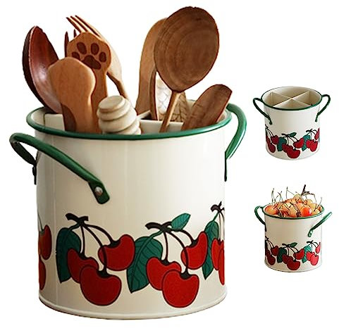 Vintage Cherry Backed Utensil Caddy mit abnehmbarem Teiler 4 Fach Eisensilien -Organisator mit Abflussloch für Küchenzubehör