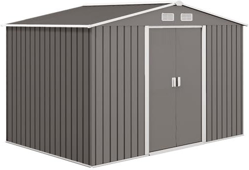 Outsunny Abri de Jardin en métal 5,4 m² cabane de Jardin 277 x 195 x 192 cm cabanon Rangement Outils avec kit de Fondation, Porte coulissante verrouillables et 4 aérations - Gris