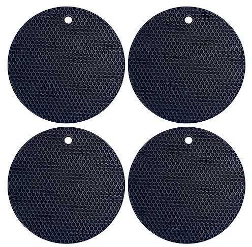Hitzebeständige Silikon Untersetzer 4er-Set (bis 240°C) – Schwarz, Ø 18 cm | Topflappen & Trockenmatte | Rutschfest, Wasserdicht & Spülmaschinenfest, vielseitig nutzbar für Küche, Camping und Wohnmobil