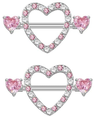 Kokoma 14G Pink Crystal Love Heart Nipple Rings for Women Cubic Zirconia Heart Nipplerings Nipple Piercing Shield Barbell Sexy Body Piercing Jewelry