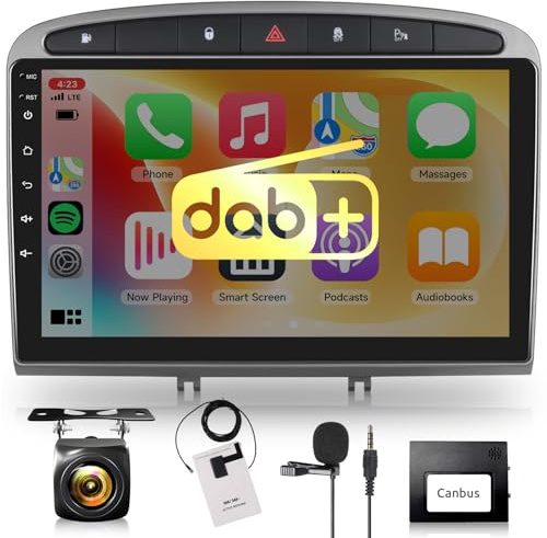 【Dab+】 8 Core 4G+64G Android Radio Coche para Peugeot 308 408 2007-2015 9 Pulgadas Pantalla Carplay Inalámbrico Android Auto Mirror Link Bluetooth FM/RDS/EQ/HiFi WiFi GPS+AHD Cámara Trasera
