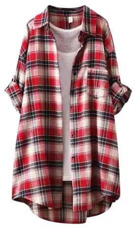 Longline Checked Shirts Womens Plus Size Baggy Plaid Shirts Oversized Ladies Long Sleeve Button Down Casual Checked Shirt Dresses Comfort Loose Check Blouse Tops Cardigan Outwear Comfy (Red-c, XXXL)