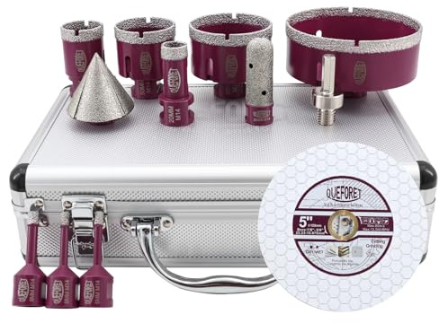 QUEFORET Diamant Fliesenbohrer Set 12 Stücke - 6/6/8/20/35/50/68/110mm x M14 Bohrkronen, 20mm Fingerfräser, 50mm Fasenfräser, Adapter, 125mm Schleifscheibe für Fliesen Keramik Porzellan Marmor Granit