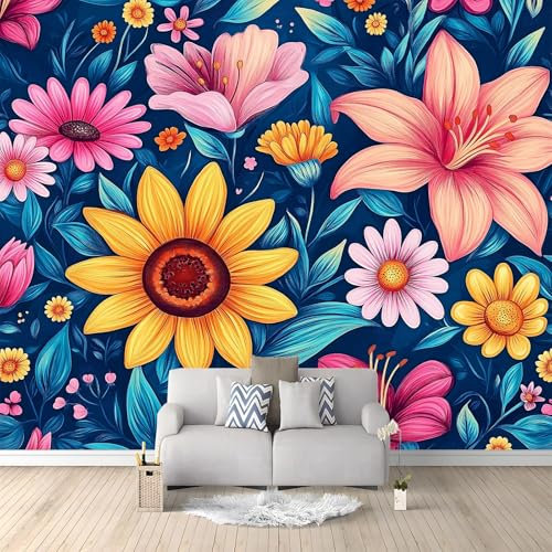Fotomurale Carta da Parati Fiori Acquerellati Girasoli Gigli E Margherite 200 x 140 cm Fotomurali Murale 3D Poster Moderna, Carta da Parati Decora per Camera Letto, Soggiorno, Stanza dei Bambini
