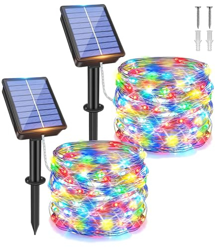 Hopelit Solar Lichterkette Aussen Kupferdraht 16m 160 LED, 2 Stück Bunt | Solar Lichterkette 8 Modi Solarlichterkette Außen Wetterfest für Garten Balkon Weihnachtsbaum Lichterkette Außen