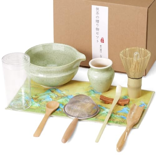BugyKido 9Pcs Matcha Tea Set with Bamboo Whisk, Ceramic Bowl with Spout, Scoop, Holder, Sieve & Tea Towel - Complete Japanese Tea Ceremony Kit for Beginners & Enthusiasts, Green