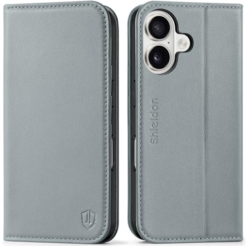 SHIELDON Hülle für iPhone 17 6,3 5G 2025, Echtleder Handyhülle [Card Holder] [Magnetisches Wallet] [Kartenfach] [Ständer] [RFID Blocker] [Handy-Ösen] Lederhülle Klapphülle - Grau