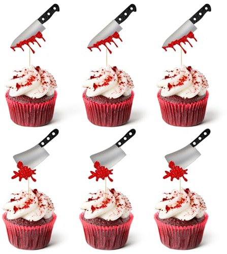 Halloween Kuchen Deko, 24 PCS Halloween Cupcake Topper, Halloweens Tortendeko, Glitzer Blutmesser Cake Topper, Geburtstagsdeko für Thema Geburtstag Party