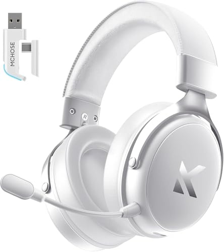 MCHOSE V9 Casque de jeu sans fil – Son surround 7.1, pilotes de 53 mm, micro antibruit AI, batterie 250h, faible latence de 15 ms, trimode, compatible PC/PS5/mobile (blanc glacial)
