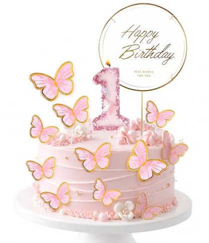 13 Piezas Decoración de Pastel de Cumpleaños Número 1 para Tartas,Vela Rosa Número 1 con Purpurina para Pastel de Mariposa,Decoración de Pastel de Primer Cumpleaños de Niñas