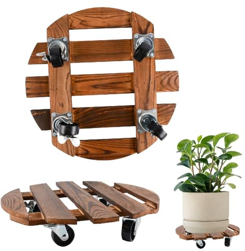 SANDERLA 2 Pack Wooden Plant Caddy with Wheel, 30cm Diameter Heavy Duty Plant Stand with 360 Degree Swivel Wheels for Moving Indoor Outdoor Pots and Heavy Planters