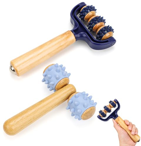 Feirdhoo 2 Stück Massage Roller mit Holz Griff, Massageroller mit Igelball Massageball, Tragbares Selbstmassagerolle Massagegerät, Massagewerkzeuge für Beine Füße Arme Rücken