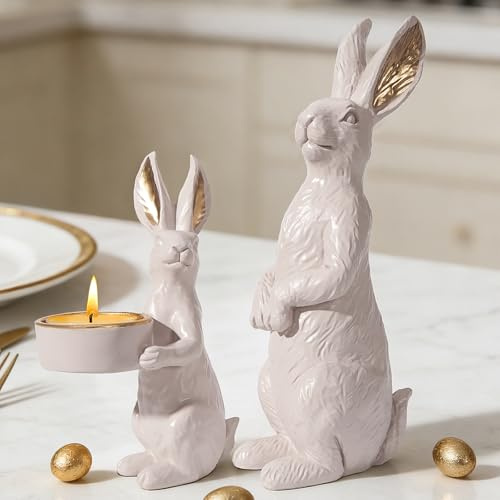 DN DECONATION Beige Easter Bunny Figurines Set of 2 with Gilded Accents & Tealight Holder, Resin Rabbit Statue for Elegant Home Decor, Wedding Easter Table Centerpiece Cozy Gift for Women