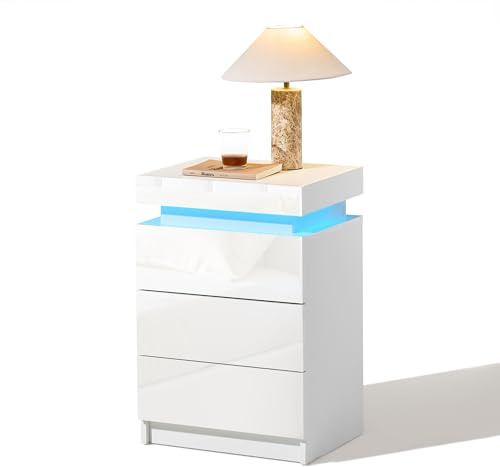 CLIPOP Nachttisch Hochglanz, LED, Sprachsteuerung, 3 Schubladen, 45*35*67cm | Kommode, Beistelltisch, mit LED-Lichtstreifen, für Wohnzimmer & Schlafzimmer, modernes Design, viel Stauraum, Weiß