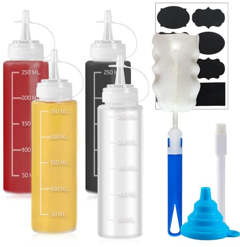 Qcdou Squeeze Flasche, 4 Stück 8 oz 250ml Plastik Dosierflasche Mit Kappen, Kein Leck Condiment Quetschflasche, Kunststoff Saucenflasche, für Backen, Ketchup Scharfe, Soße, Olivenöl, Grill