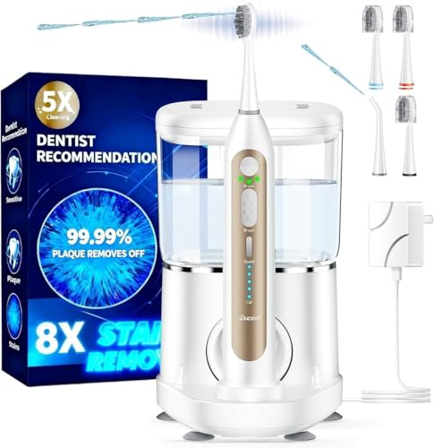 Electric Toothbrush with Water Flosser, Upgraded 2.0 Electric Toothbrush for Adults, 5 Floss Speeds & 3 Modes with 3 Brush + 1 Nozzle, 500ML Tank, IPX7 Waterproof for Braces & Gum Care - White Gold