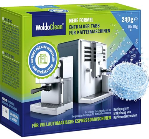 WoldoClean Entkalkningstabletter för kaffemaskiner - 15 tabletter kompatibla med alla vanliga tillverkare, avkalkningsmedel för kaffemaskiner