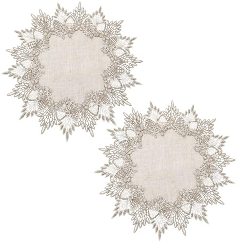 DOPENSPI 2 centrini rotondi in lino da 40 cm, centrini in lino, tovaglietta rotonda con bordo in pizzo, tovaglietta vintage per tavolino da caffè e sala da pranzo