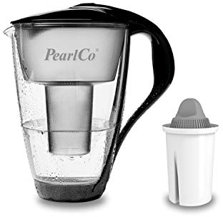 GLAS-Wasserfilter PearlCo (schwarz) mit 1 Protect+ classic Filterkartusche (f. hartes Wasser) - Made in EU