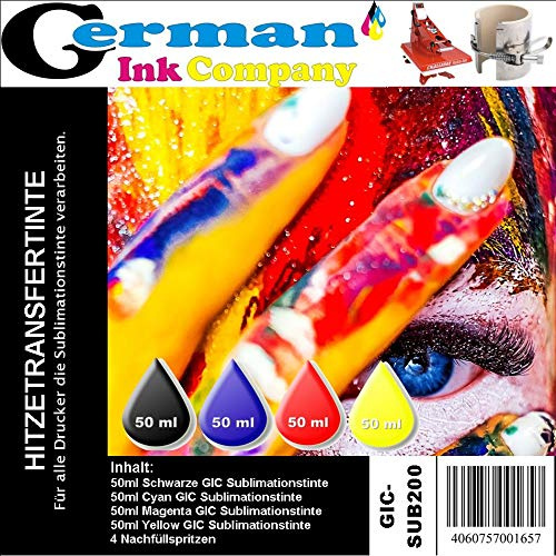 GIC - Hitzetransfertinte | Sublimationstinte 200ml Starterpack für Druckerpatronendrucker - WF2010 WF2110 uvm.- Farbe Black, Cyan, Magenta, Yellow