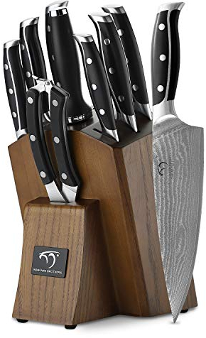 NANFANG BROTHERS Juego de 9 cuchillos de Cocina Para Afilar Cuchillos de Cocina, Juego con Bloque, Cuchillo Profesional de Damasco, Cuchillo de carne de Acero Inoxidable, Afilador y Tijeras
