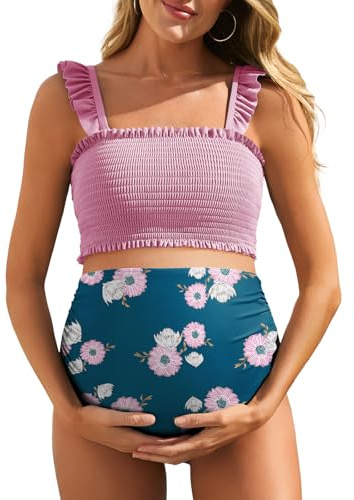 Bikini de cintura alta de maternidad traje de baño de dos piezas con volantes dobladillo lindo floral traje de baño - rosa - Small