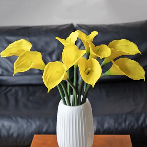 DUYONE Künstliche Blumen Calla Lilly 64 cm großer Latex-Blumenstrauß, weich, fühlen Sich an mit langem Stiel, 5 Stück für Zuhause, Wohnzimmer, Schlafzimmer, Esstisch, Büro, Hochzeit,(gelb)