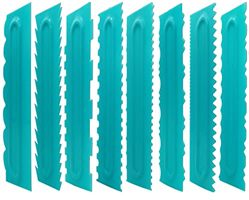 Acroyan Cake Scraper set of 8 Pack Cake Edge Tools Decorating Icing Smoother Comb,Plastic Sawtooth Decorating Mousse Butter Cream Polisher-16 Design Textures-Blue
