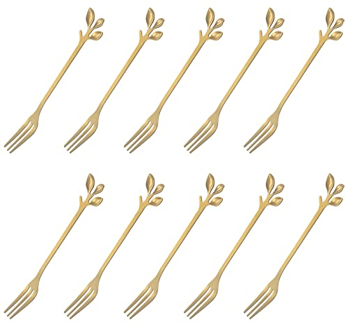 LdawyDE Kuchengabeln 10 Stück Dessertgabeln Blattform Edelstahl Kuchengabel Gold 12.5 cm Kleine Gabeln für Dessert, Kuchen, leicht zu reinigen