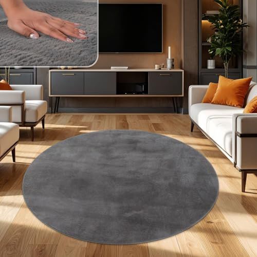 TT Home Wohnzimmer Teppich Hochflor Langflor Kunstfell Weich Modern Unifarben Flauschig, Farbe: Anthrazit, Größe:120 cm Rund