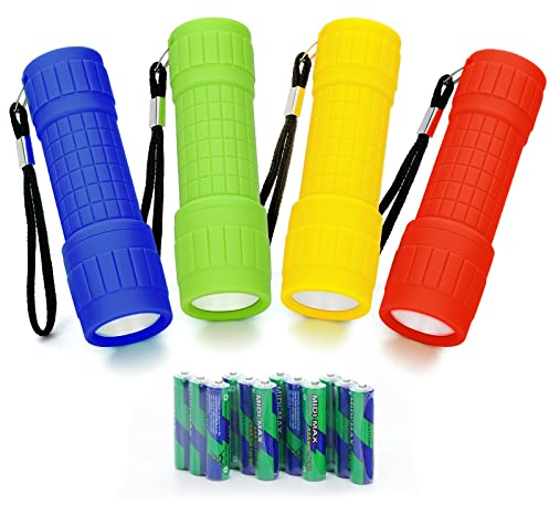Yimorex Mini LED Taschenlampe 4 Stück, COB-LED Mit Silikonbeschichtung Und Schlüsselband - Für Camping, Outdoor, Notfälle, Grillen (12 AAA Batterien Inklusive)