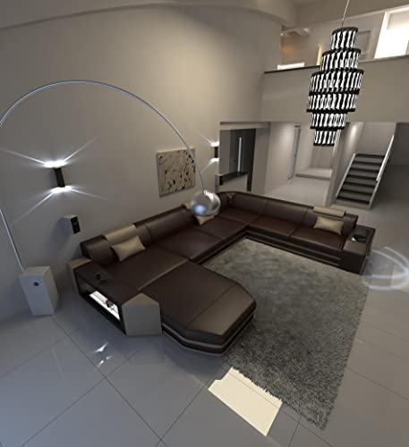 XXL Sofa Wohnlandschaft Prato Ledersofa U Form - mit LED Beleuchtung, verstellbare Kopfstützen, Recamiere/Lederfarben wählbar/Ausrichtung wählbar (Ottomane Links, Dunkelbraun-Sandbeige)