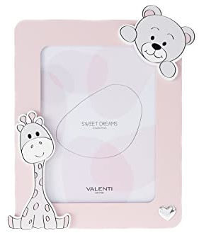 VALENTI & CO. - Marco de fotos rosa de madera con animales del zoológico, de mesa o para colgar como decoración en el dormitorio, idea de regalo para recién nacido y niño - 13 x 24 cm